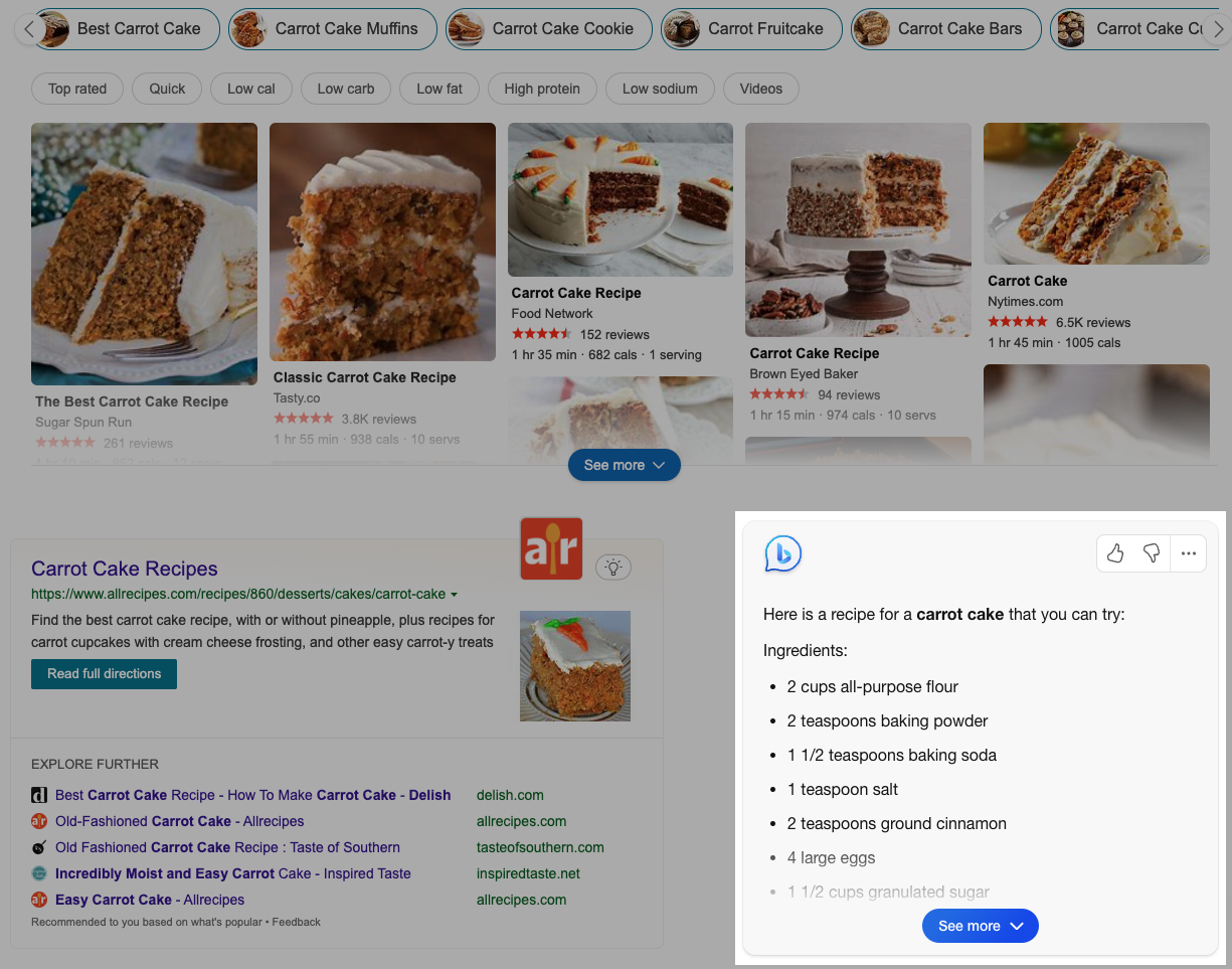 An example of 必应 AI offering a recipe for a carrot cake