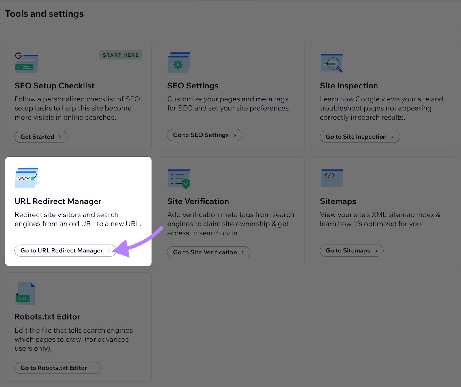 “URL Redirect Manager” widget selected under the “工具和设置” section
