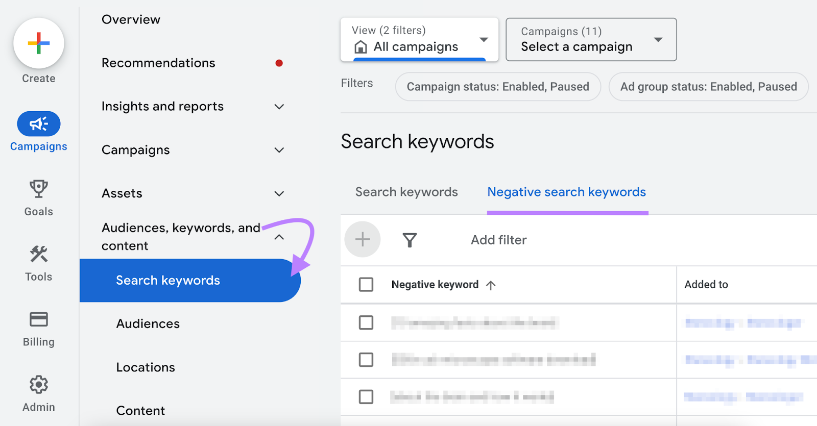 Add negative 关键词 from 谷歌广告 dashboard