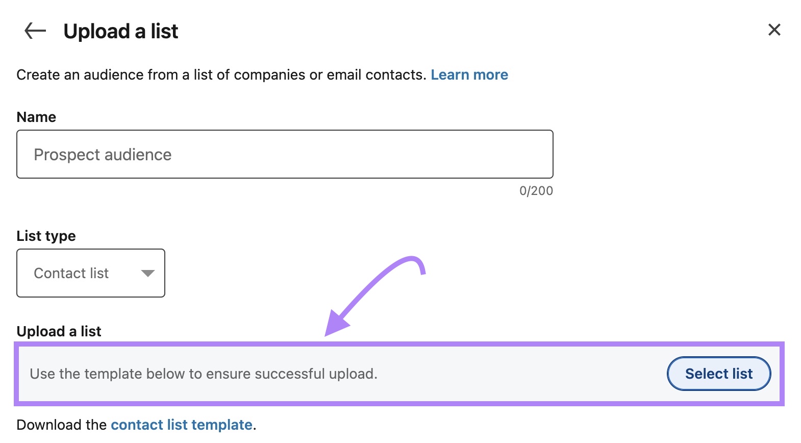 Field to upload a custom audience for 再评论 highlighted on LinkedIn 运动 Manager.