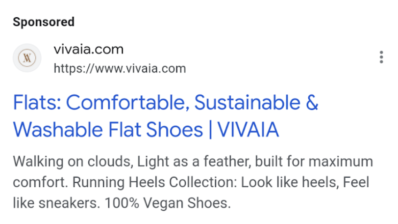 Vivaia's Google search ad for “comfortable ballet flats