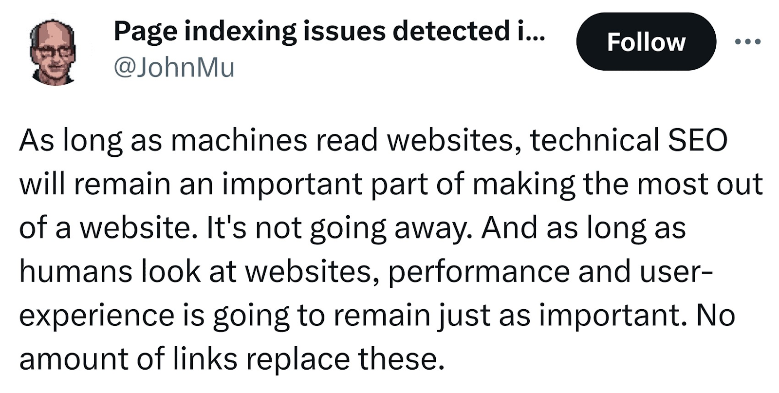John Mueller's Twitter post about the relationship between UX和技术SEO
