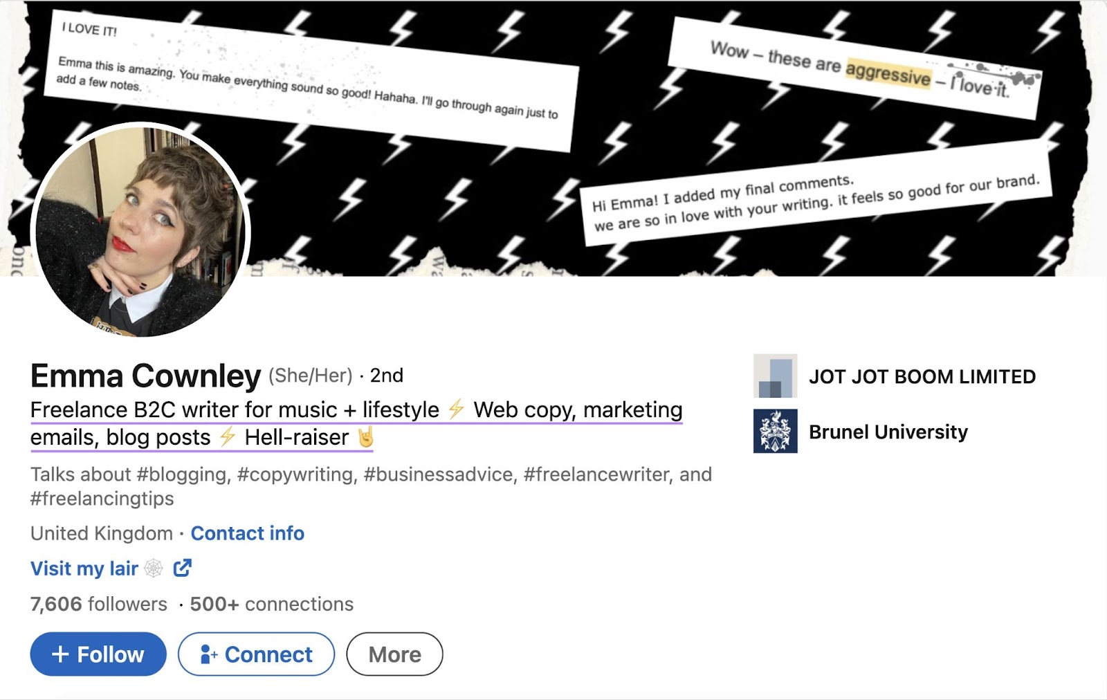 A freelance B2C writer 艾玛*考利’s 领英 profile