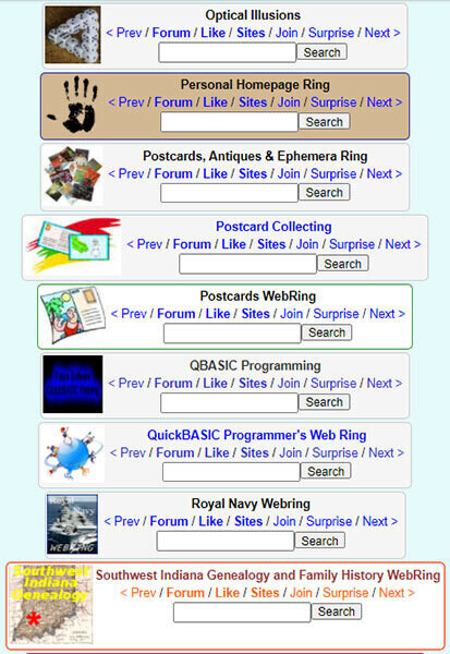 Screenshot of an early link ring with topics from