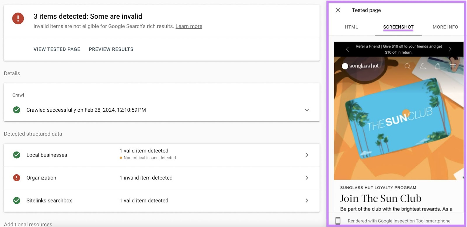 “截图”tab on the right-hand side showing page’s current appearance to Google