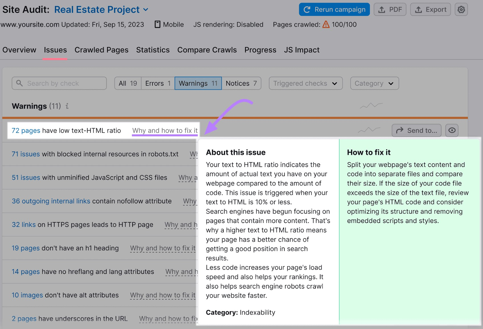 An example of an issues和how to fix it recommendation in 网站审核工具
