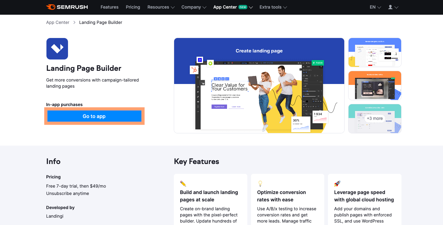 该着陆页生成器 page in the Semrush app store.