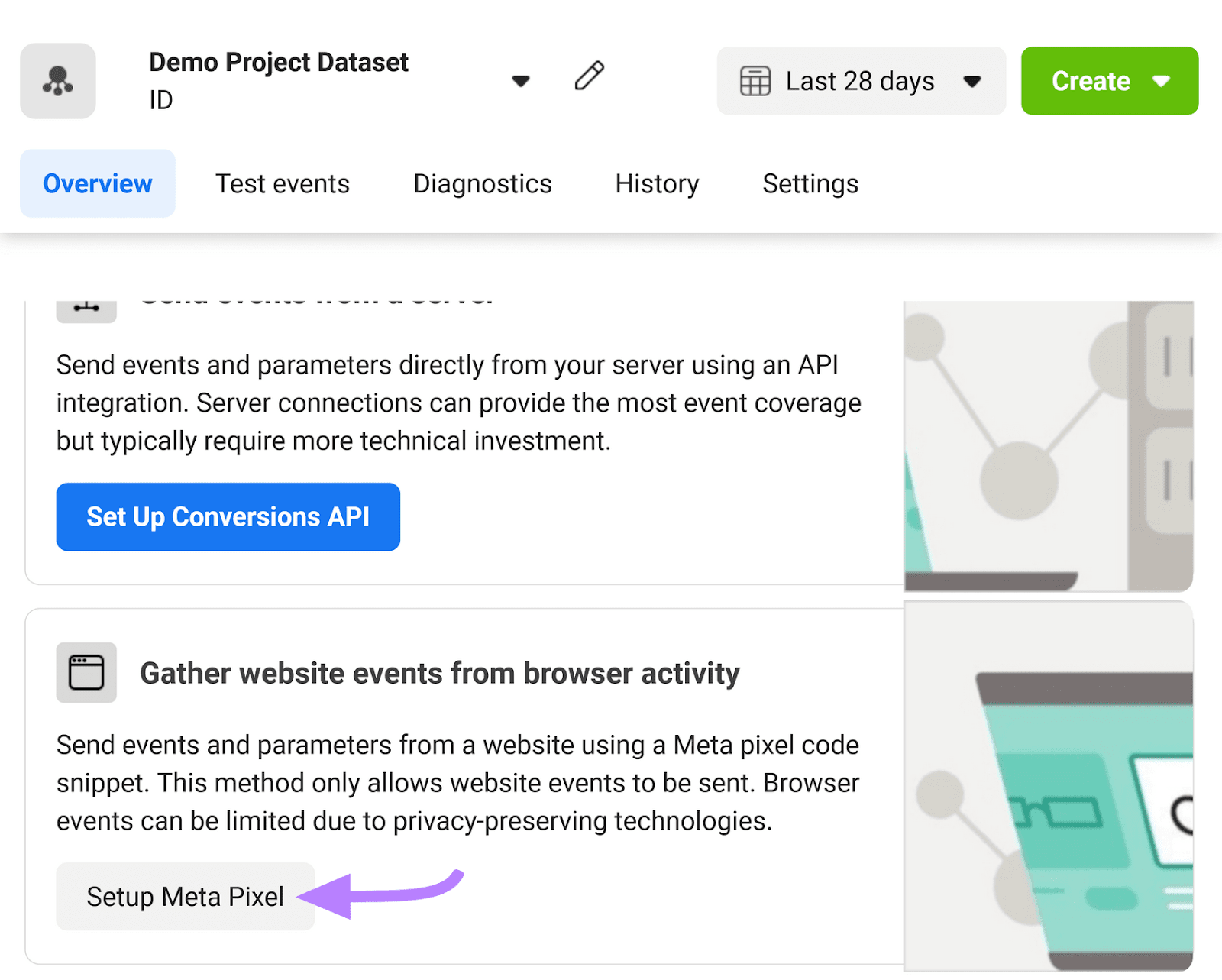 “设置元像素”button highlighted under “Gather website events from browser activity”module