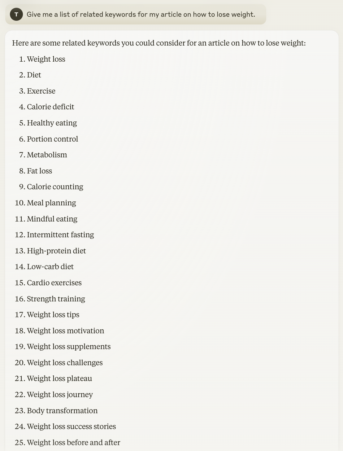 克劳德 AI response for related 关键词 for my article on how to lose weight includes 25+ keyword ideas