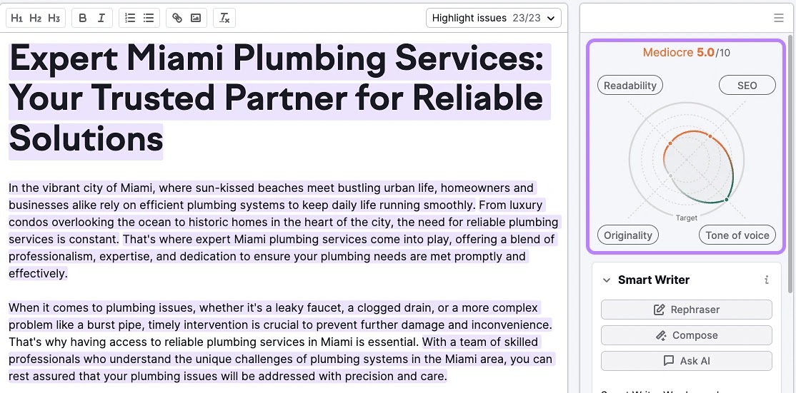 a draft article on expert Miami plumbing in 高级行政主任写作助理 editor, with content score shown on the right-hand side