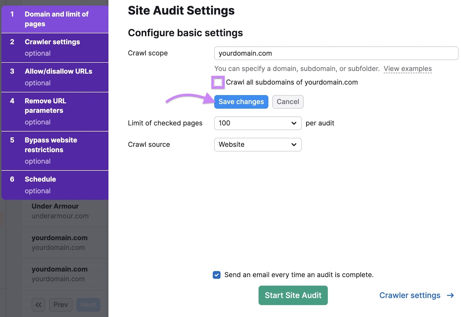 “Crawl all subdomains of [domain]”checkbox in 现场审核 Settings