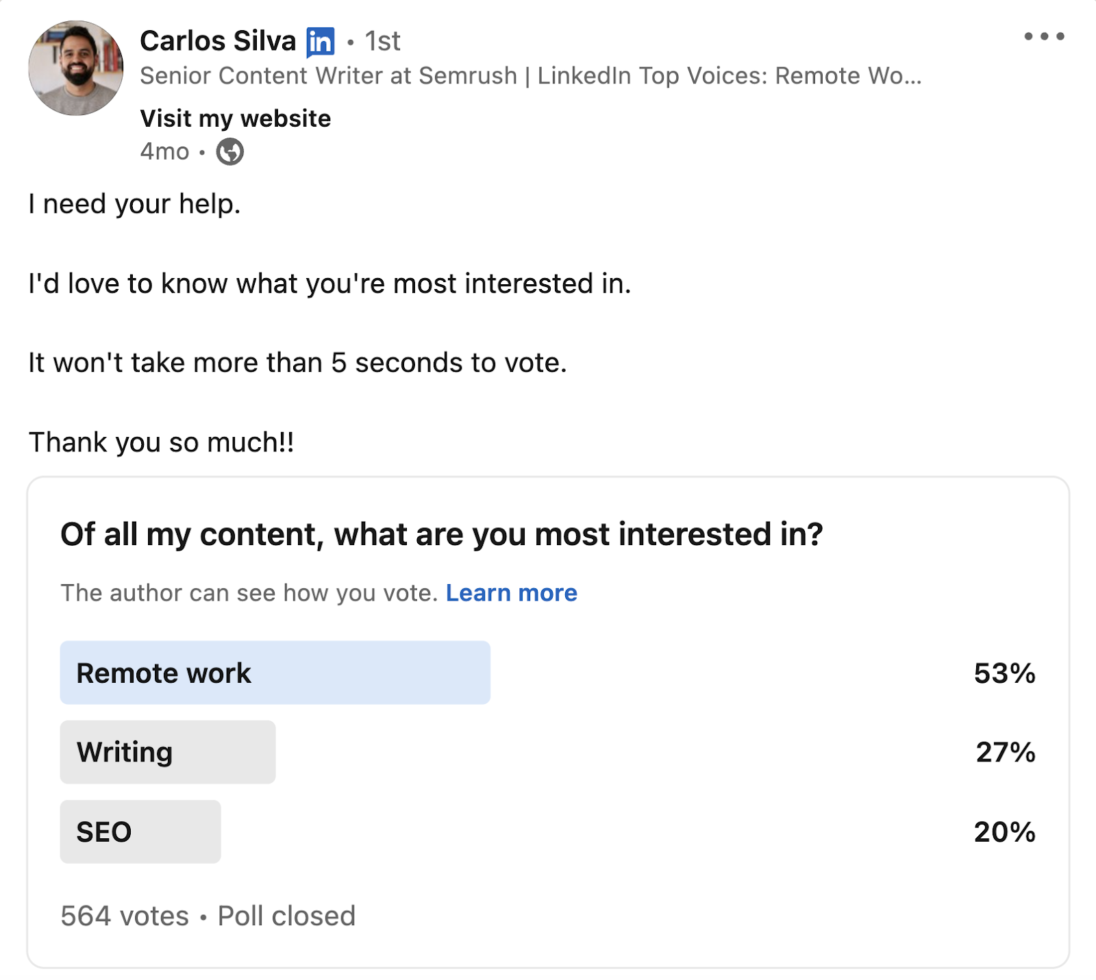 卡洛斯*席尔瓦's 领英 post including a poll asking users what kind of content they like to see