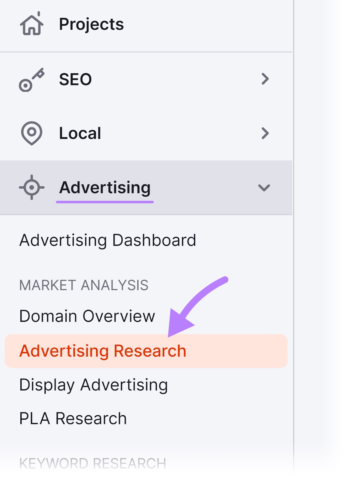 “广告研究” selected from the Semrush menu