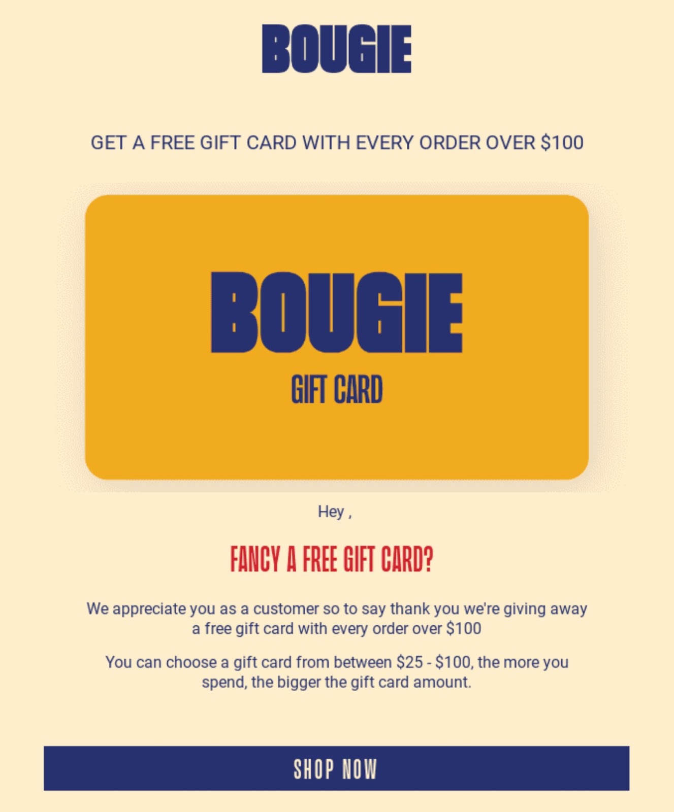 A reactivation email from, vintage homeware store, 布吉, offering a free gift card on every new order of over 100$.