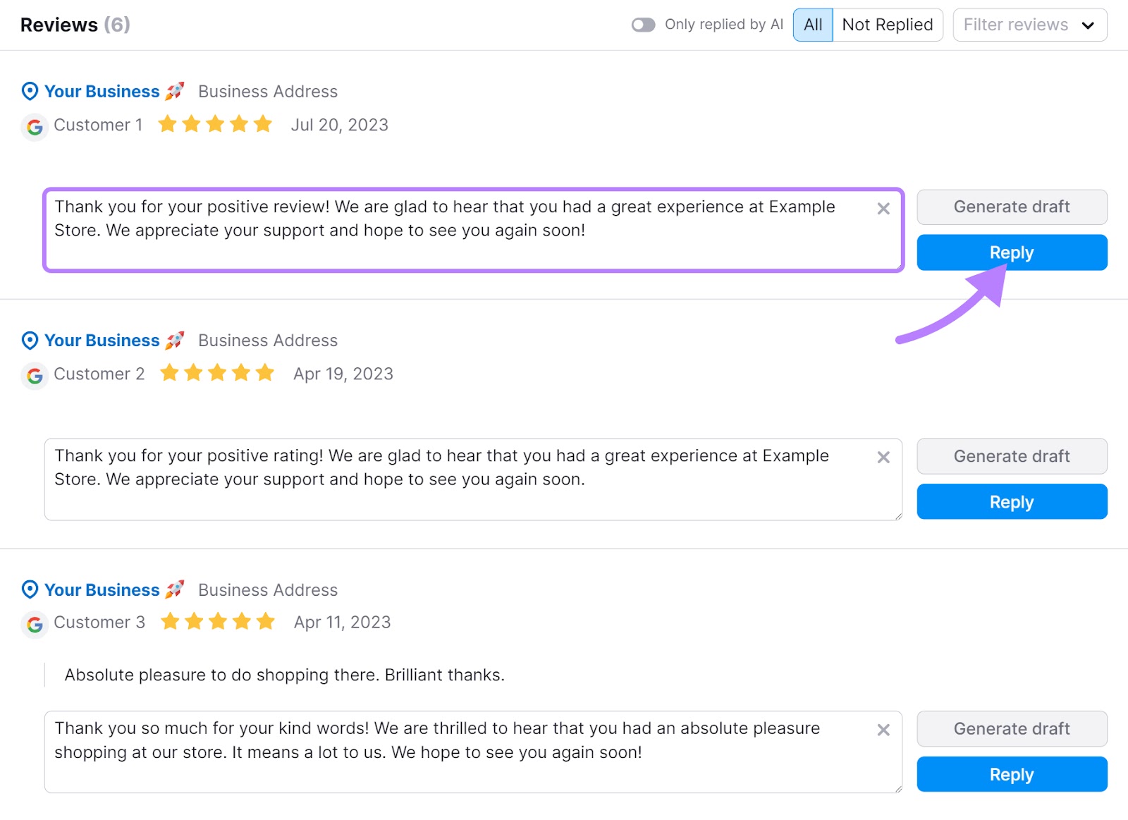 答复ing to GBP reviews directly from the app