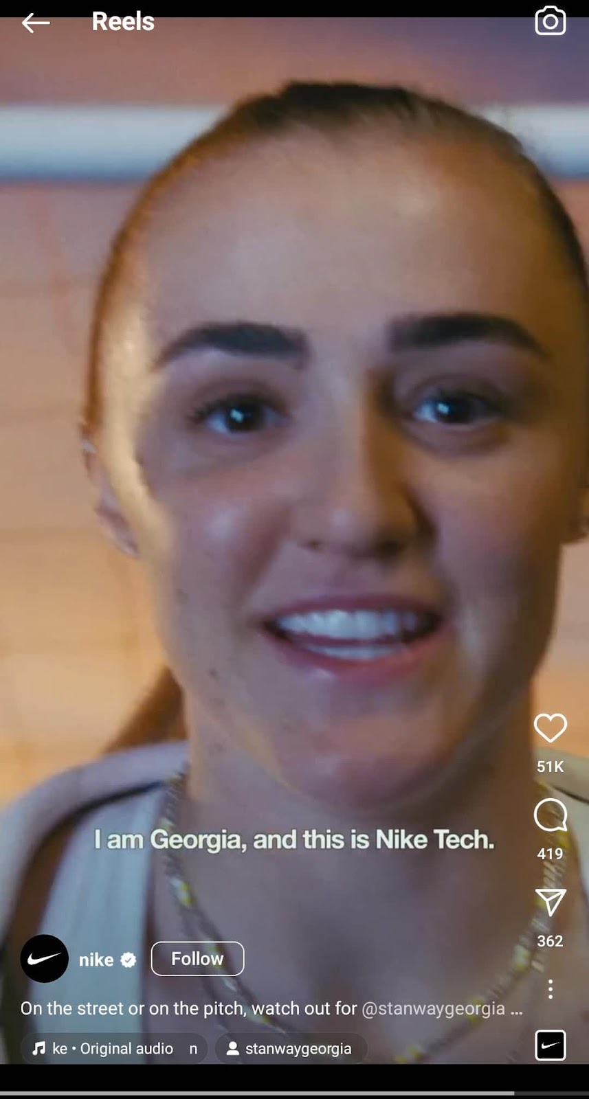 耐克的instagram卷轴 showing English footballer Georgia Stanway promoting Nike Tech.