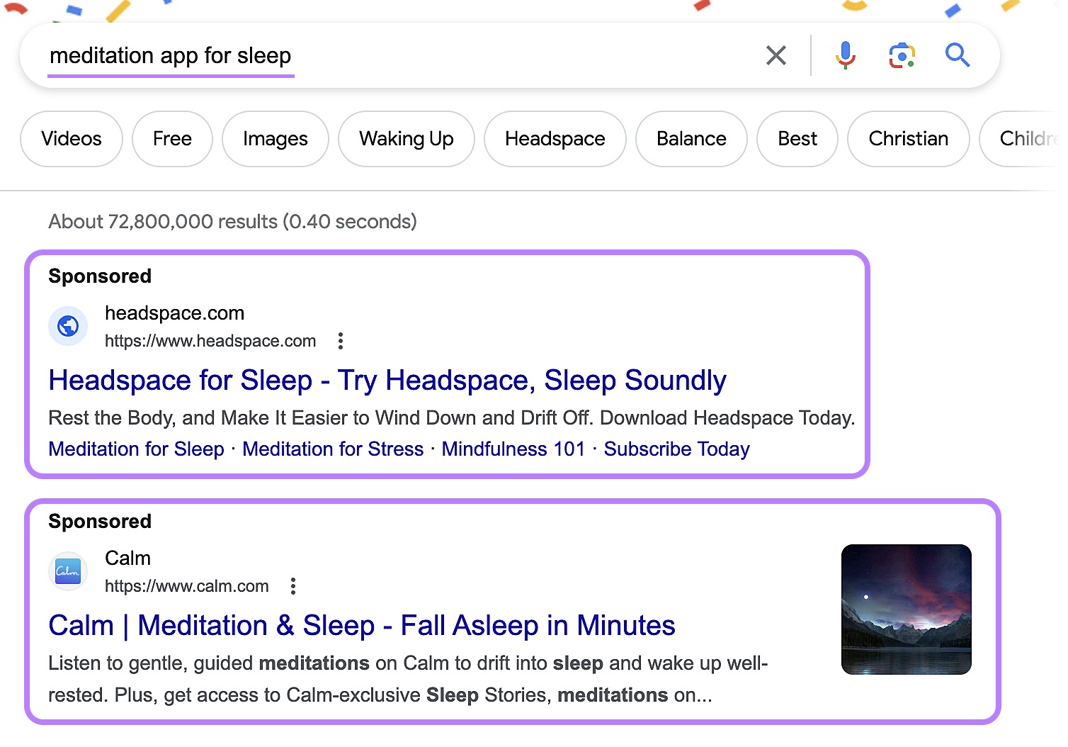 搜索 ads from Headspace and Calm for “meditation app for sleep