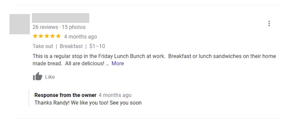 该owner of a small, local bakery responding to a positive review