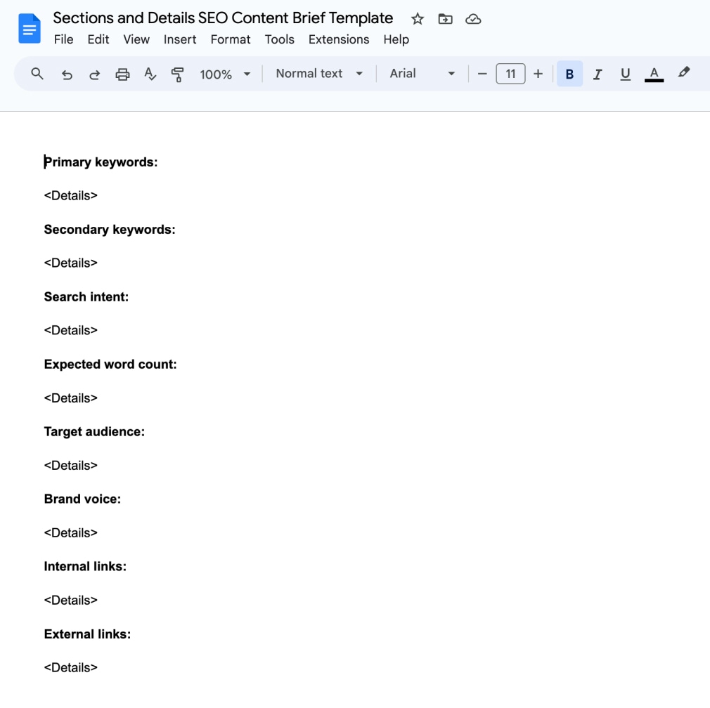 部分及详情 of SEO content brief template in Google Doc