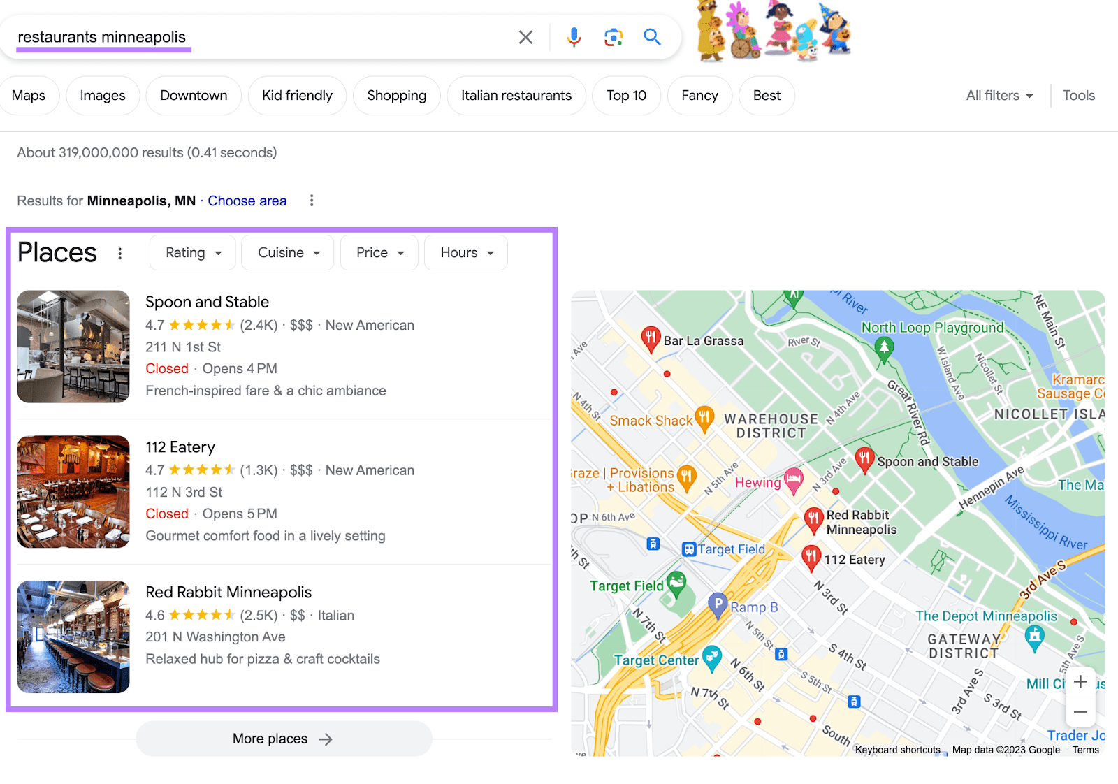 Google's local search results for 