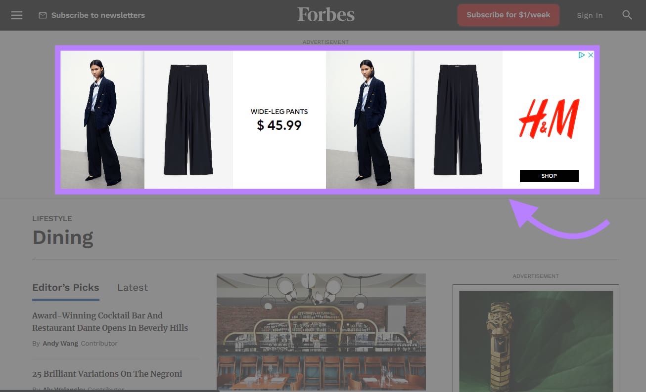 A 再瞄准 display ad from, clothing brand, H&M appearing on Forbes.