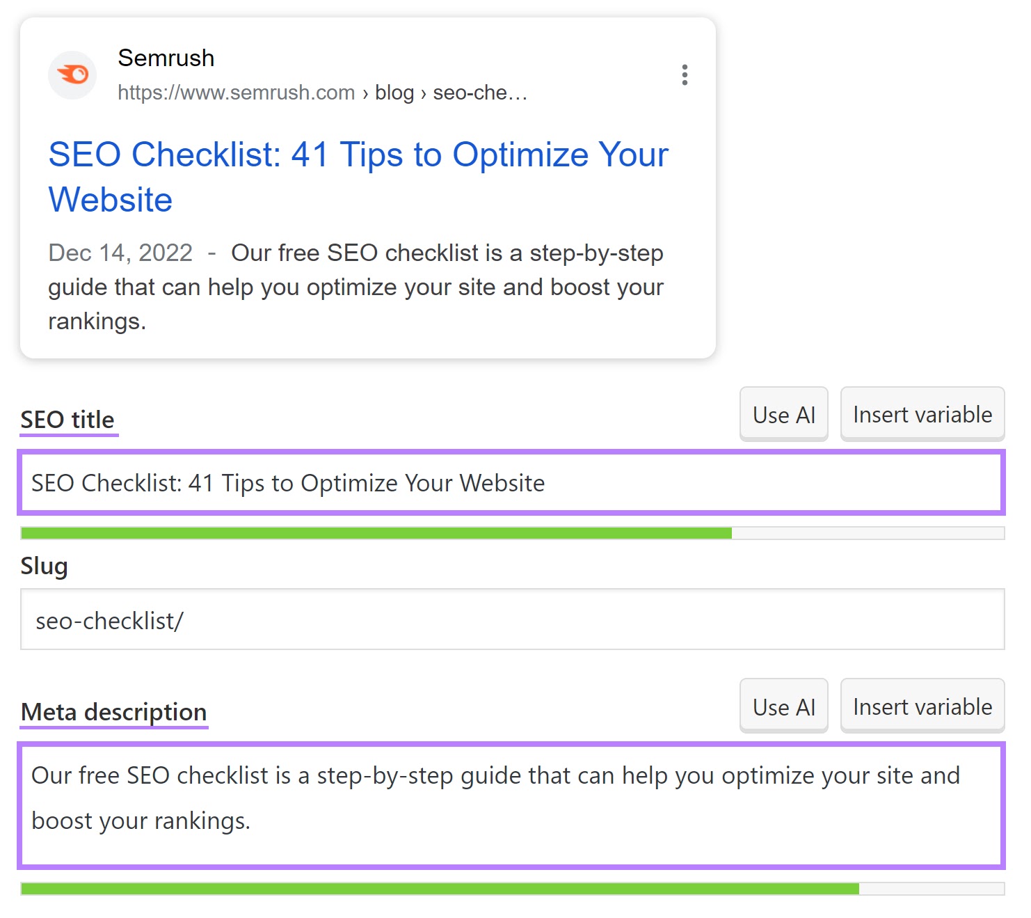 Yoast搜索引擎优化 plugin showing the “SEO title” and “Meta description” fields in Wordpress.