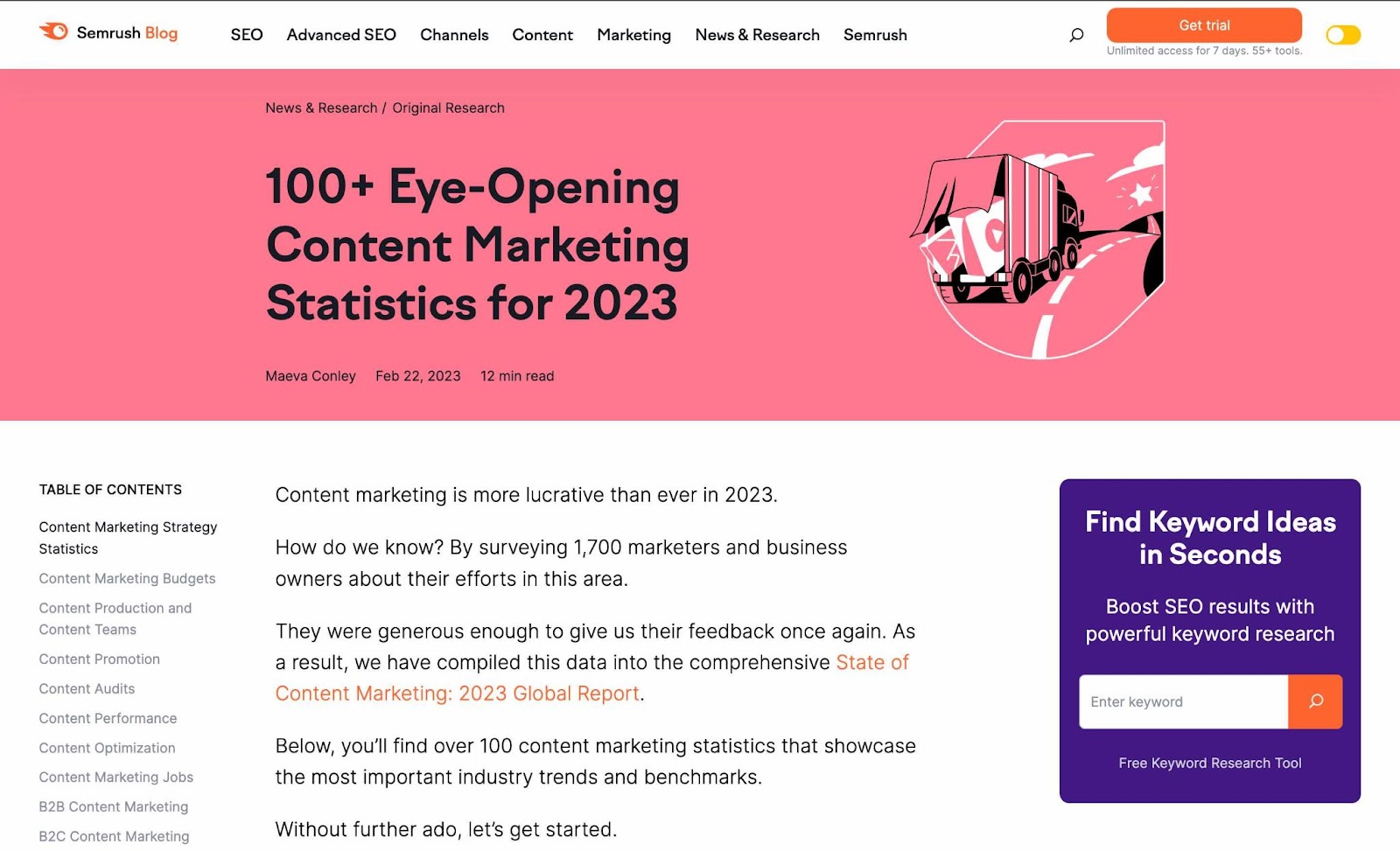 Semrush's blog on 内容营销统计