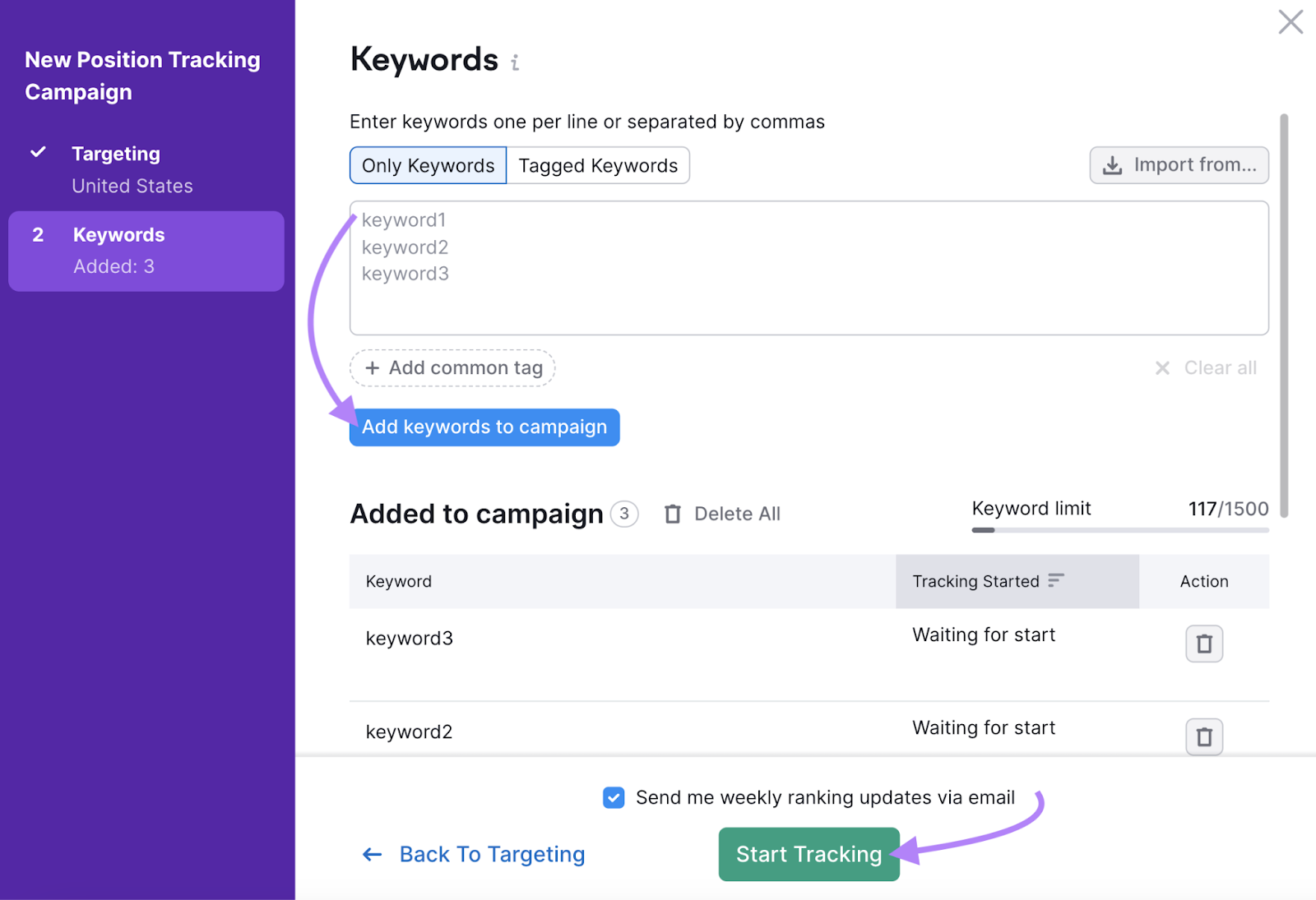 add 关键词 to campaign and start tracking
