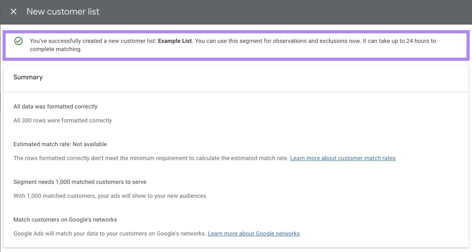 Message you see when you have successfully created a new customer list on 谷歌广告 along with the summarized details of your list.