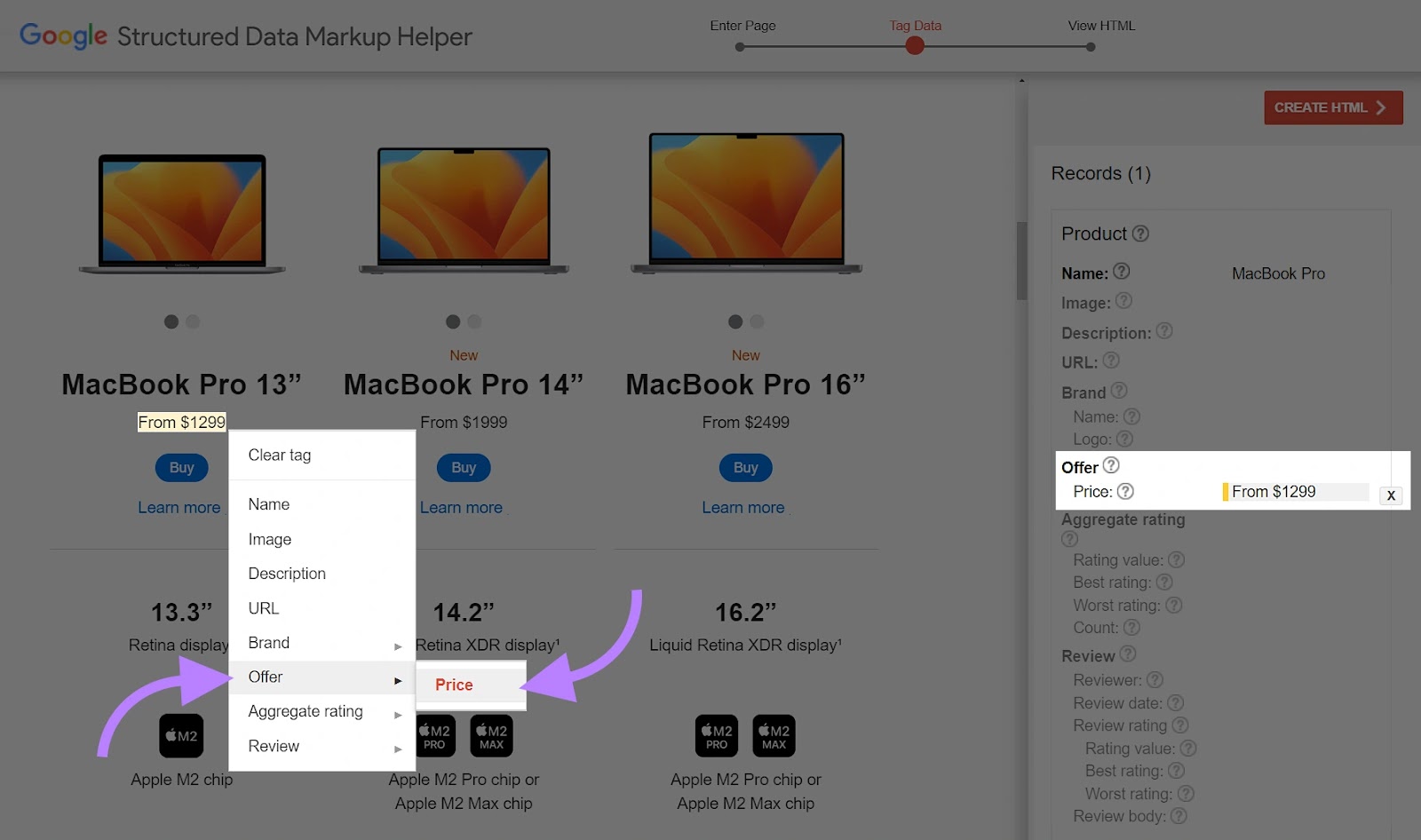 Google 结构化数据标记助手 tool with the “Offer” and “价格;价格” options selected in the drop-down menu.