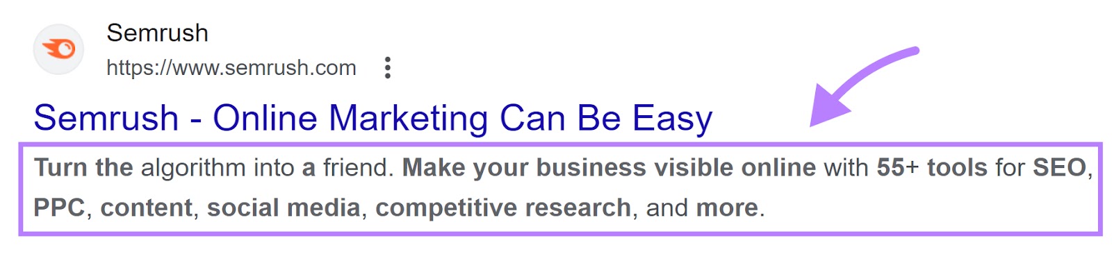 A meta description for the Semrush主页 shown on Google's SERP