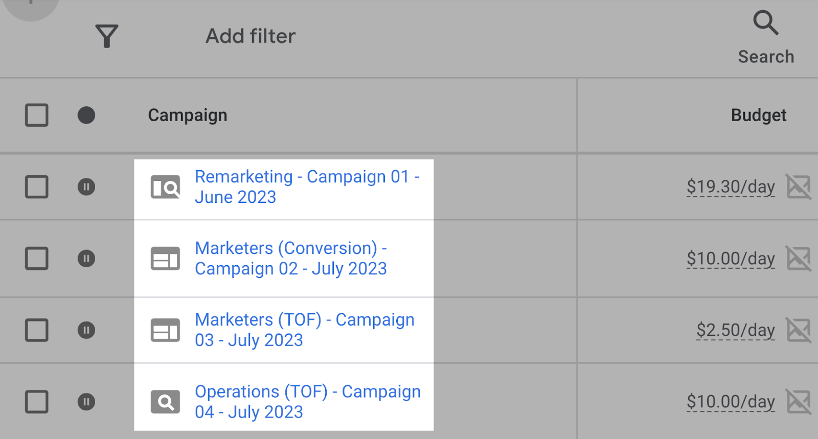 an example of 命名 different campaigns