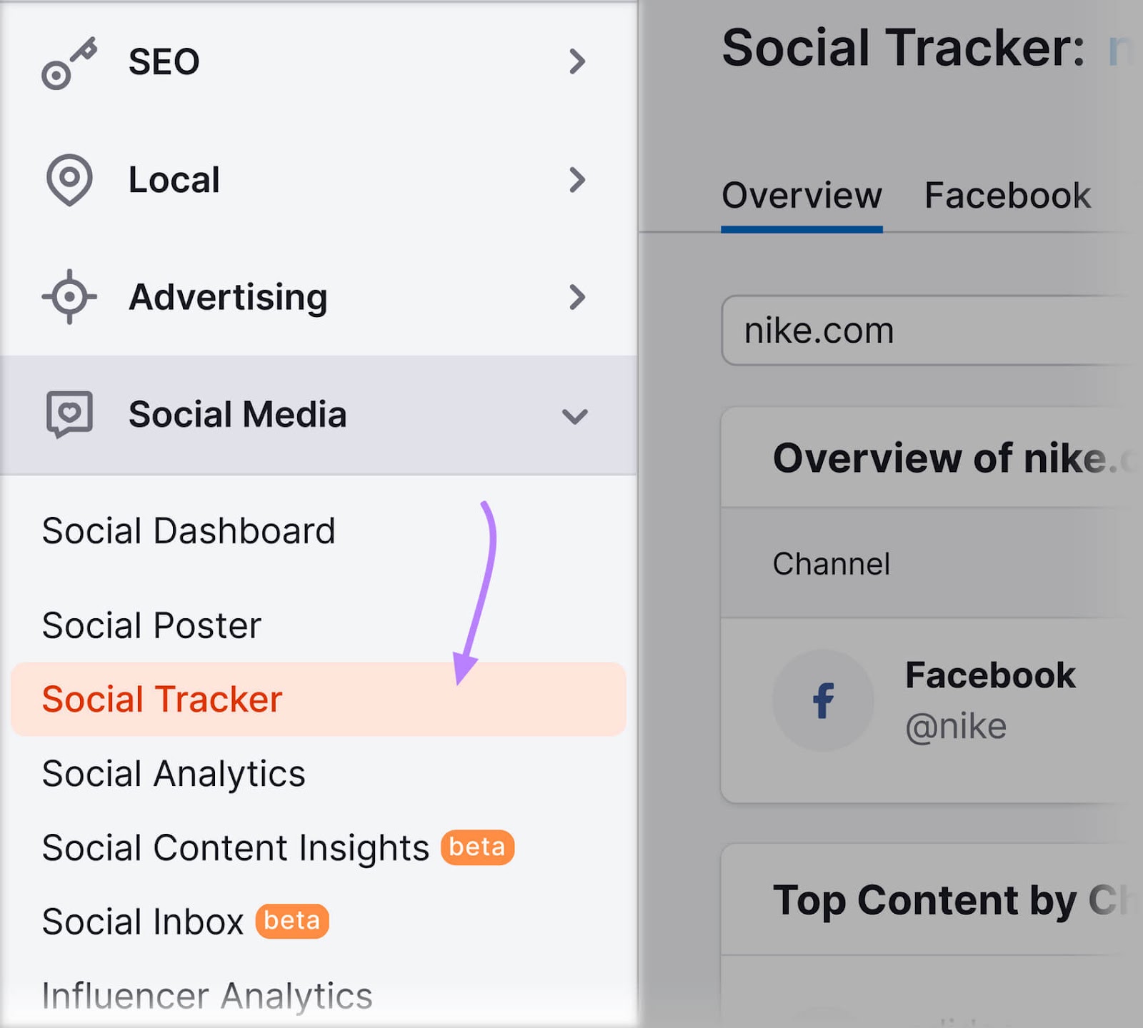 navigating to 社会追踪者 tool in Semrush dashboard