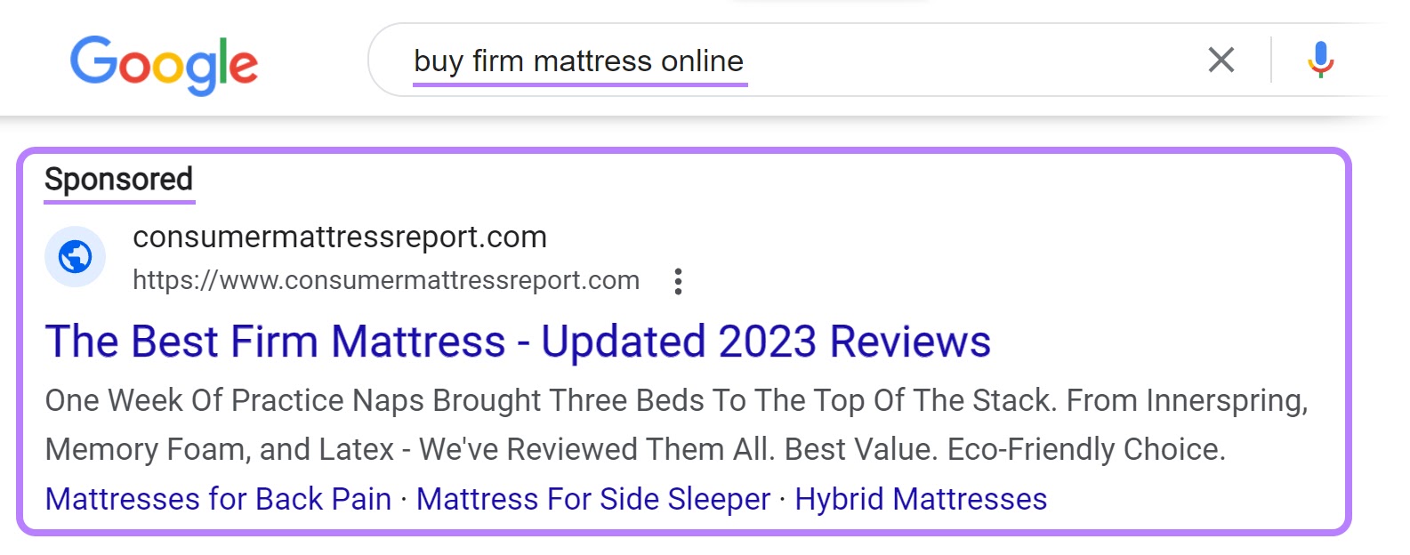 A search ad on Google for “buy firm mattress online”query