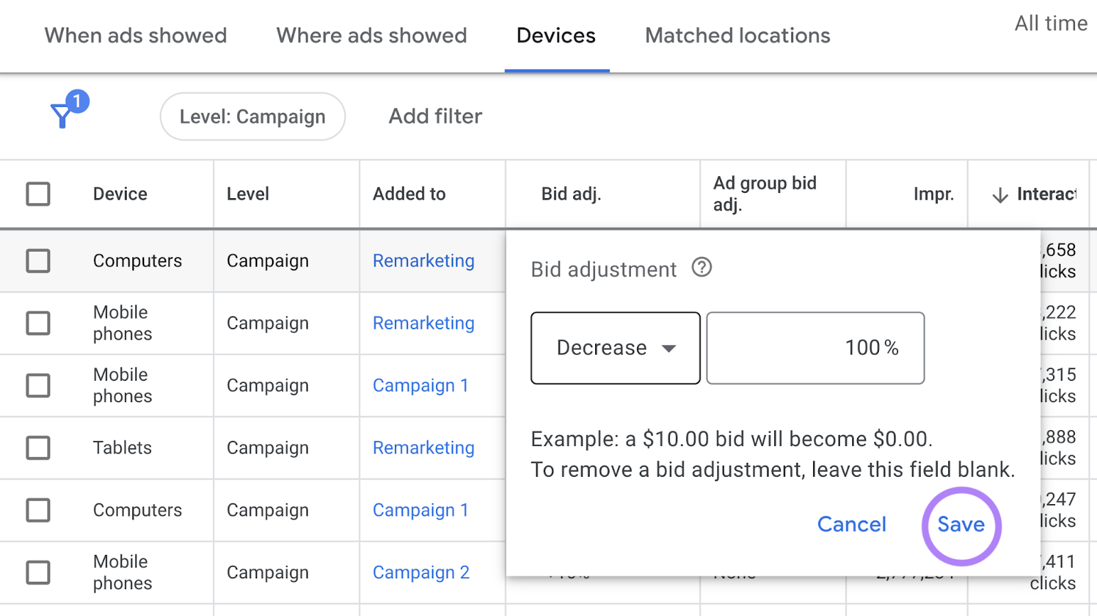 in the “Bid adj.”column in 谷歌广告 you can set your ads to target specific devices