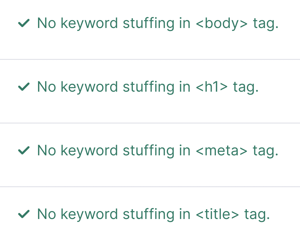 内容 section of “优化思路”report in 网页搜索引擎优化检查 showing that there's no keyword stuffing issues with body, h1, meta and title tags