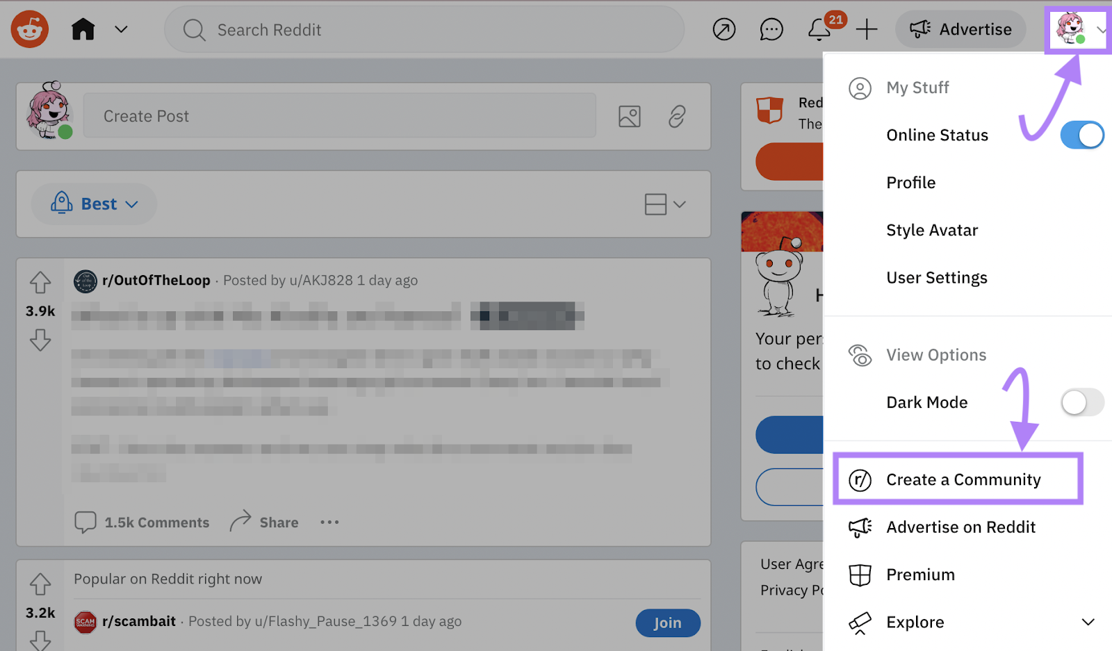“创建社区” button selected on the right side of Reddit 网页