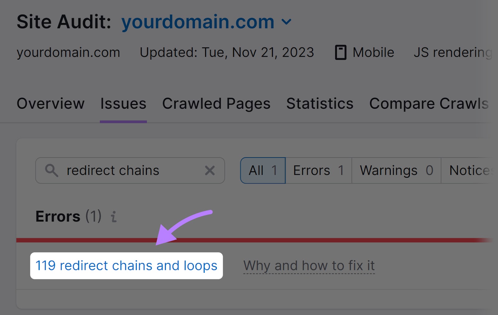 “119 redirect chains and loops” result highlighted under 