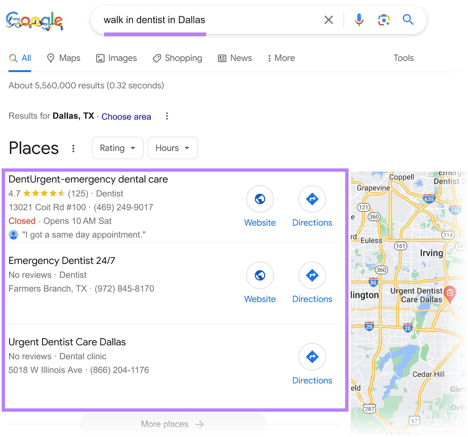 Google local results for