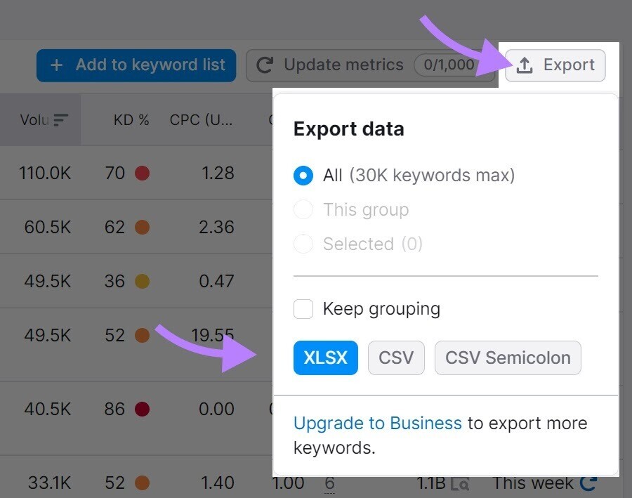 “出口” button lets you save your data in an XLSX, CSV, or CSV semicolon file