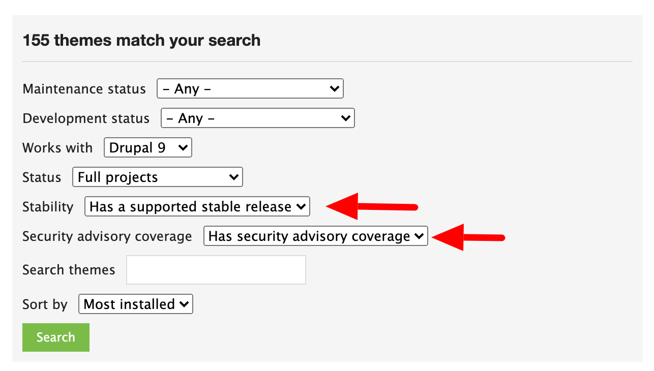 A screenshot of theme searching on drupal.org, showing how to filter for 保安 Advisory Policy themes.