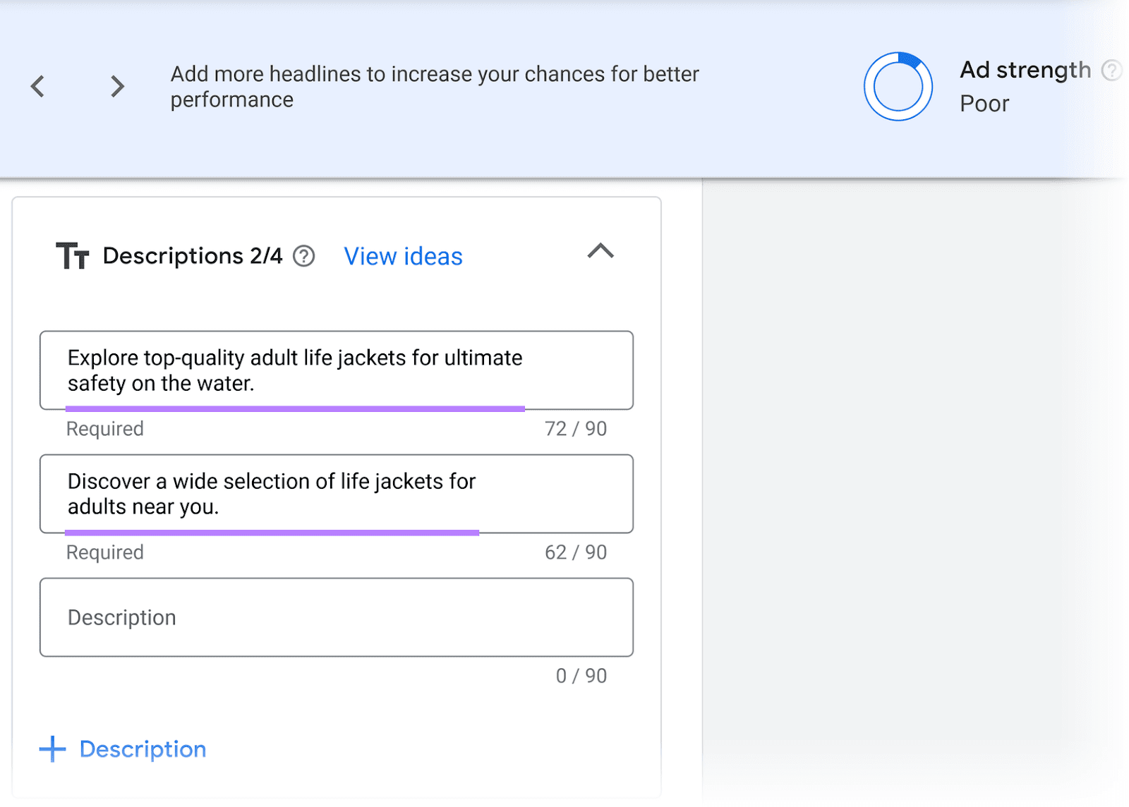 谷歌广告 ad creation interface with two completed description fields underlined in purple.