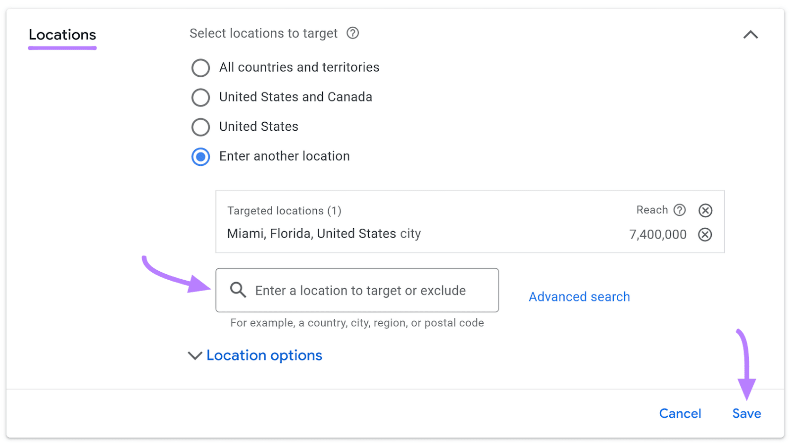 “地点”section in Google Ads settings