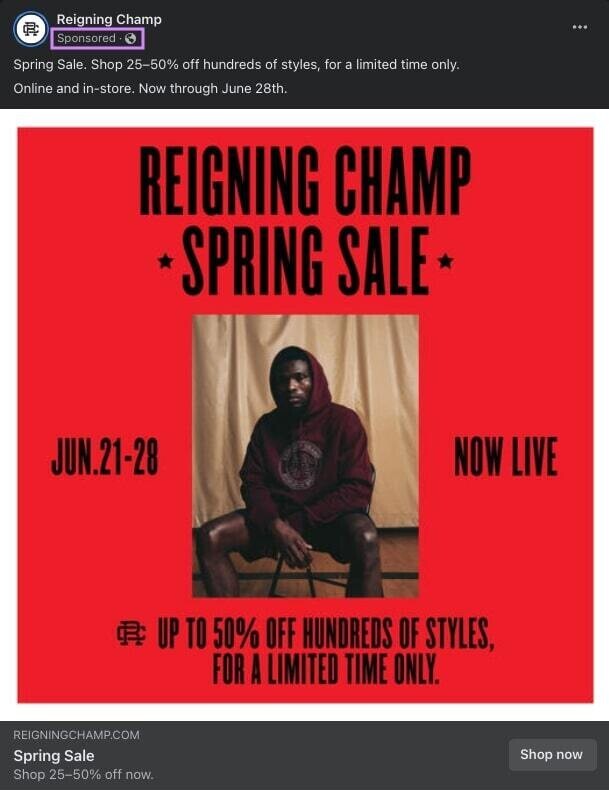 an example of a Facebook ad from Reigning Champ with