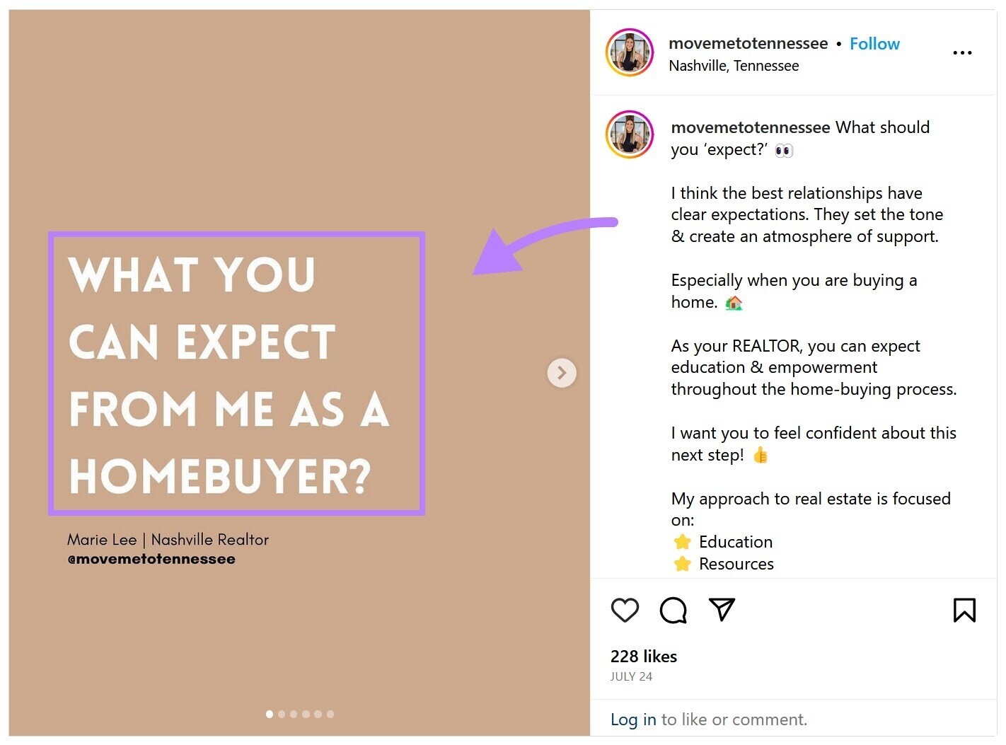 An 例子： of an Instagram carousel post from a real estate agent