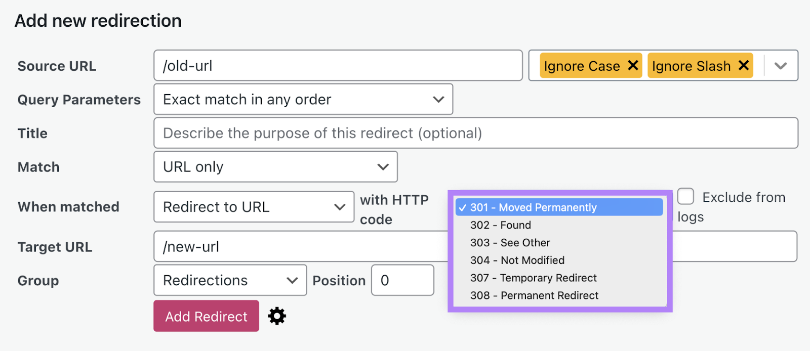 all 3xx redirect types offered in drop-down menu in 重定向 plugin