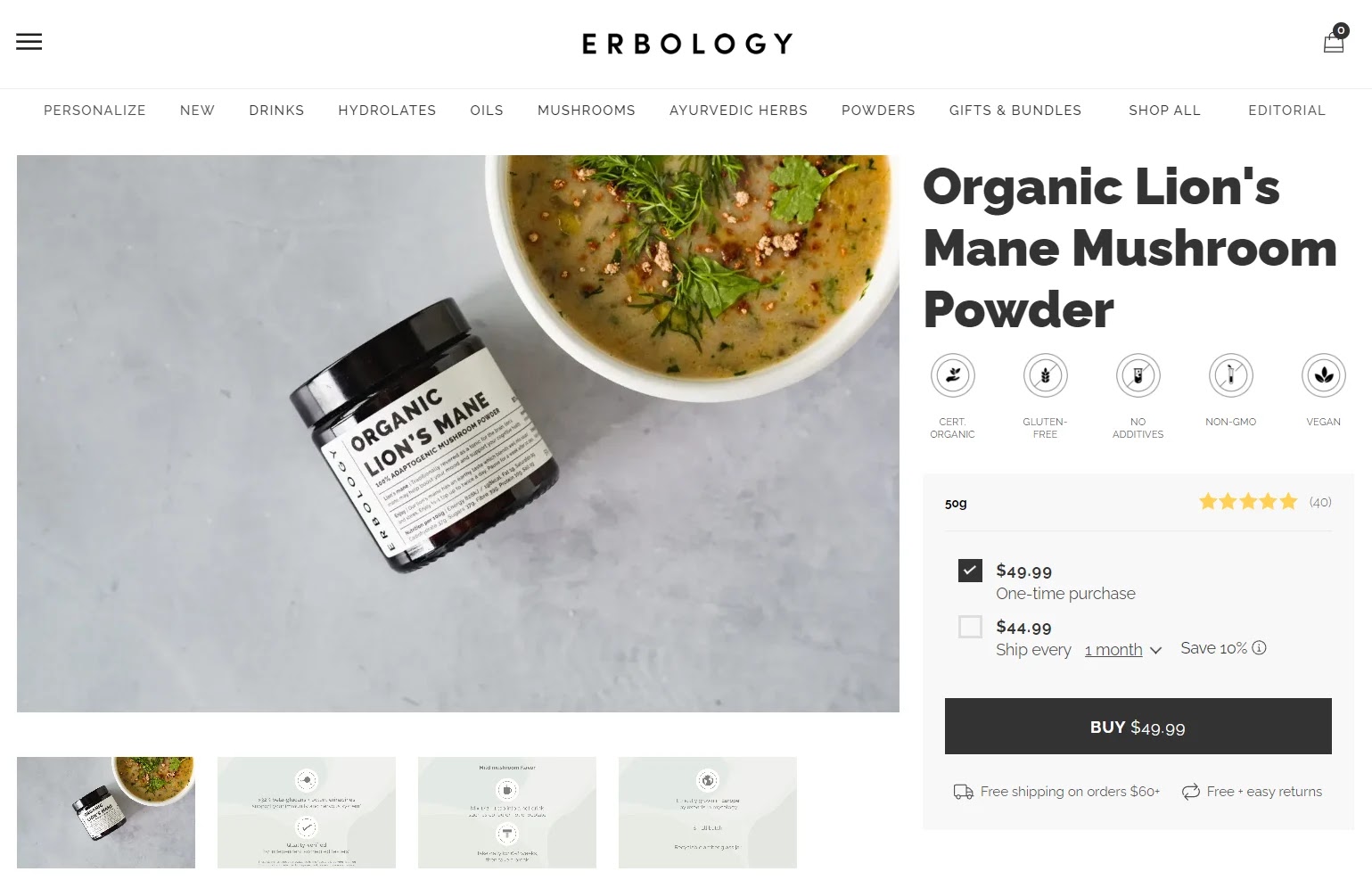 Erbology登陆页面 for organic lion’s mane mushroom powder