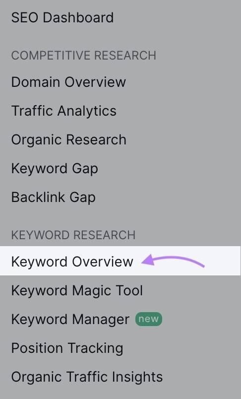 “关键字概述” button in Semrush’s left-hand navigation
