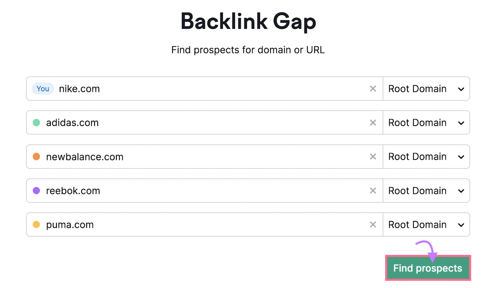 add your domain and the domains of up to four competitors in 塞姆鲁什氏反向链接间隙 tool