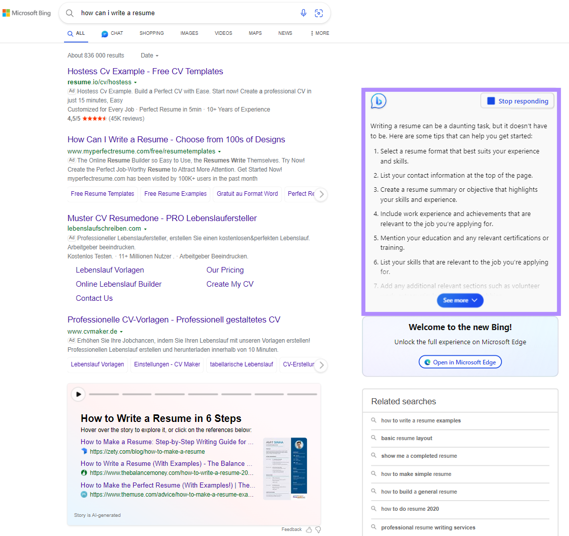 必应 answering to a “How can I write a resume?” query
